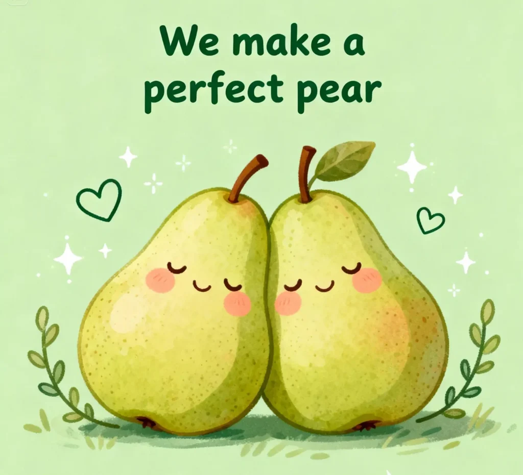 Two cute pears saying, "We make a perfect pear," showing love with sweet pear puns.