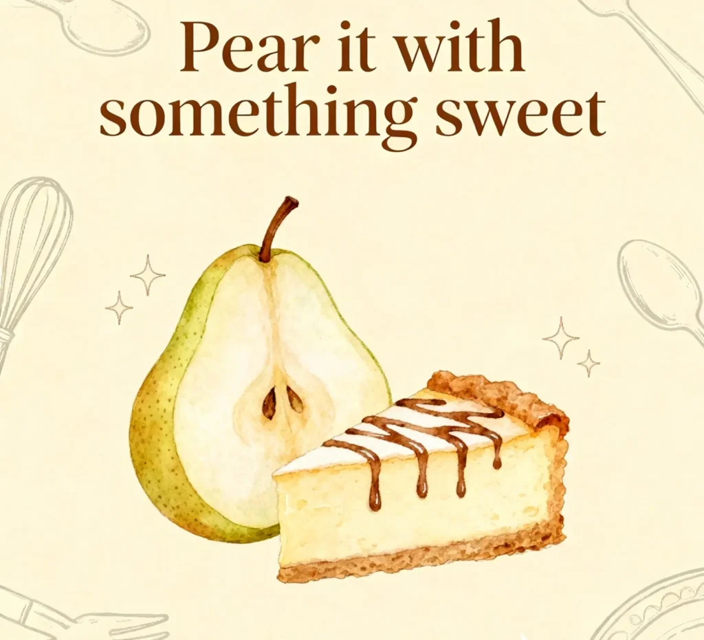 Playful pear with a dessert treat showing fun fruit combos and tasty pear puns together