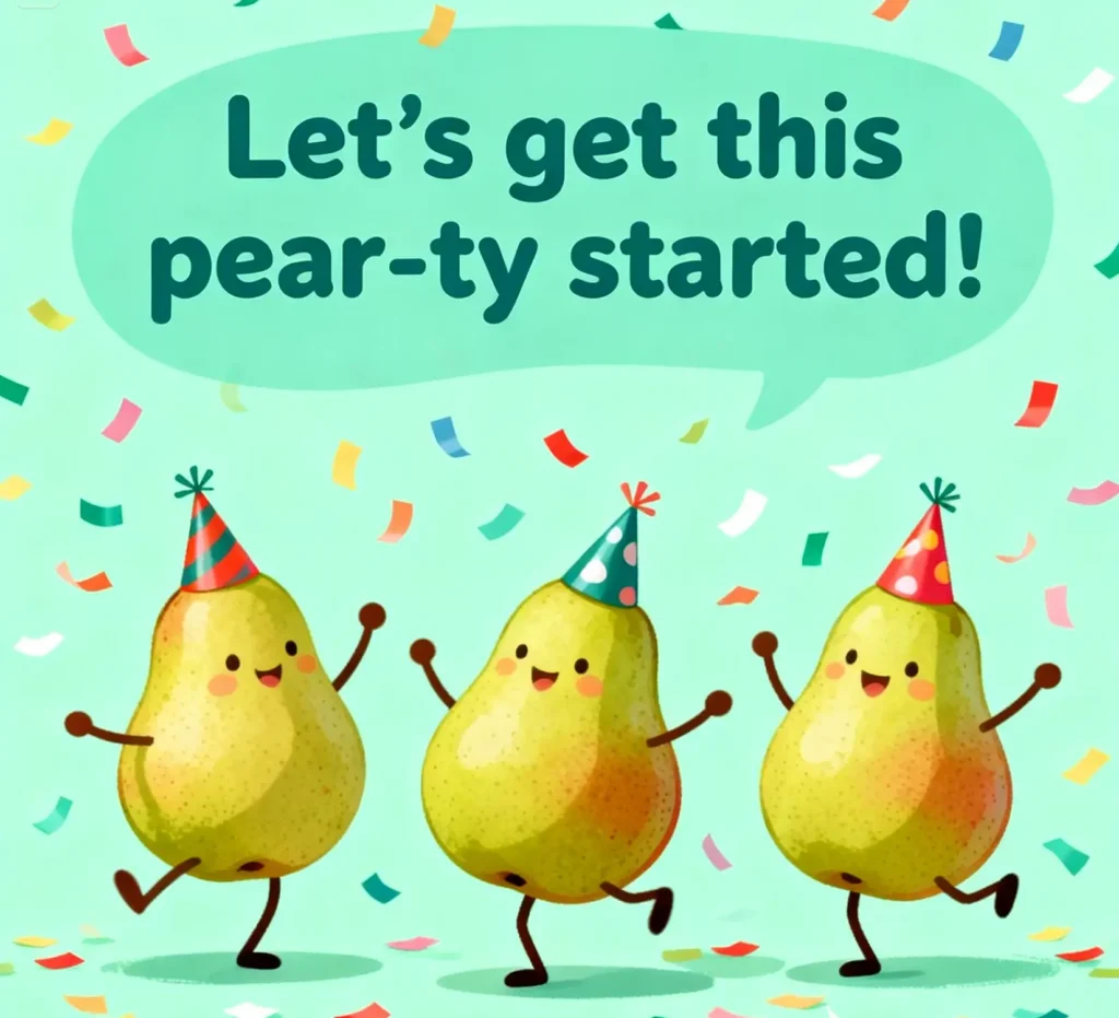 Three party pears in hats dancing on a bright birthday card full of happy pear puns.
