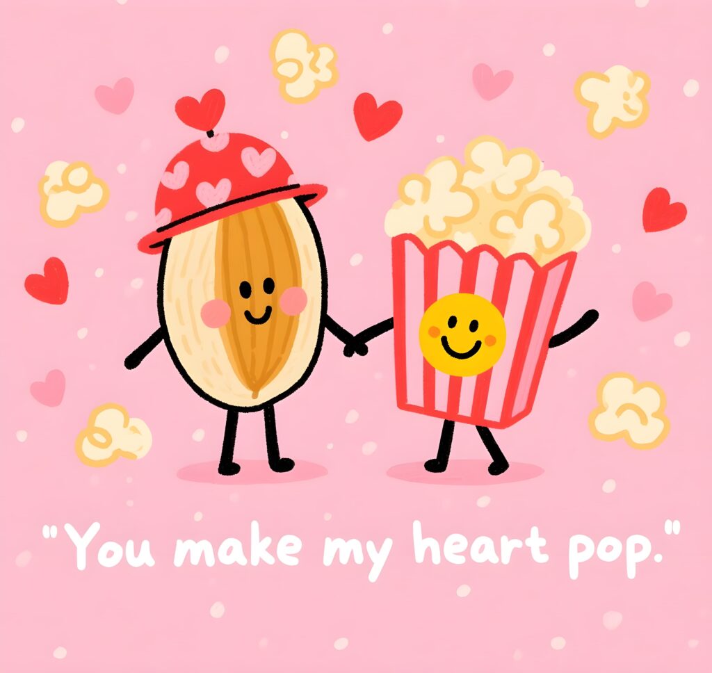 Cute Valentine's Day card with popcorn puns, decorated with popcorn and nuts, perfect for a snack-loving sweetheart.