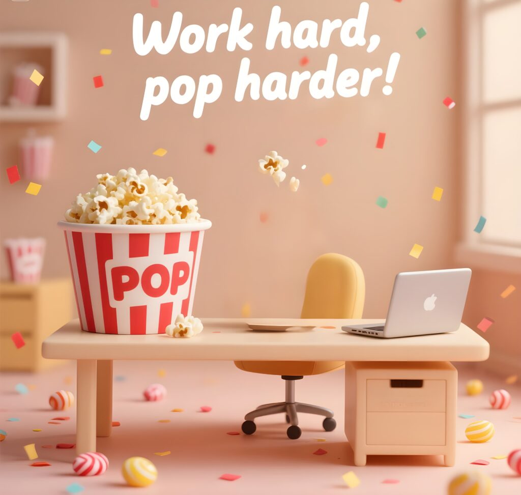 Popcorn on a desk beside a laptop, adding a playful touch to the work-from-home office setup.