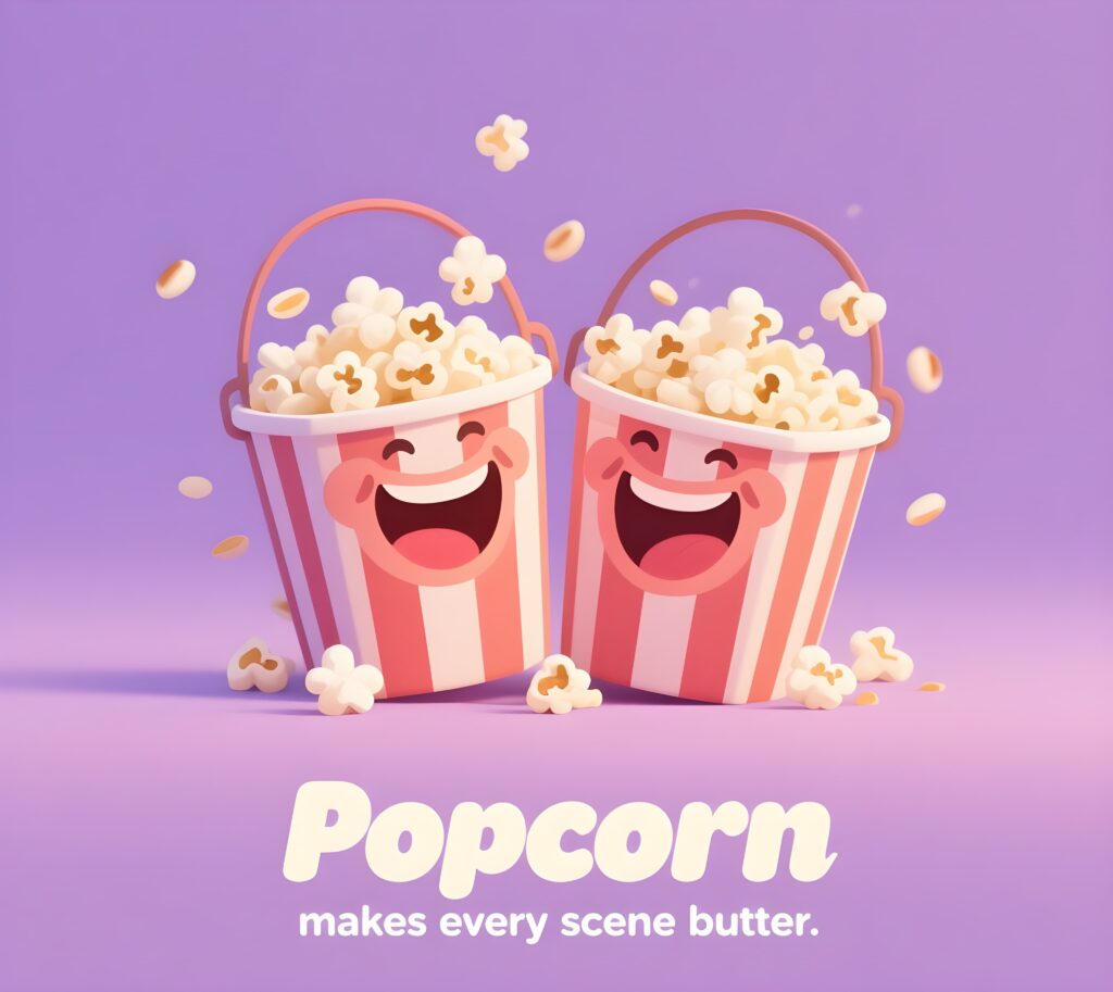 A playful arrangement of popcorn kernels, showcasing a fun theme of popcorn puns and humor.