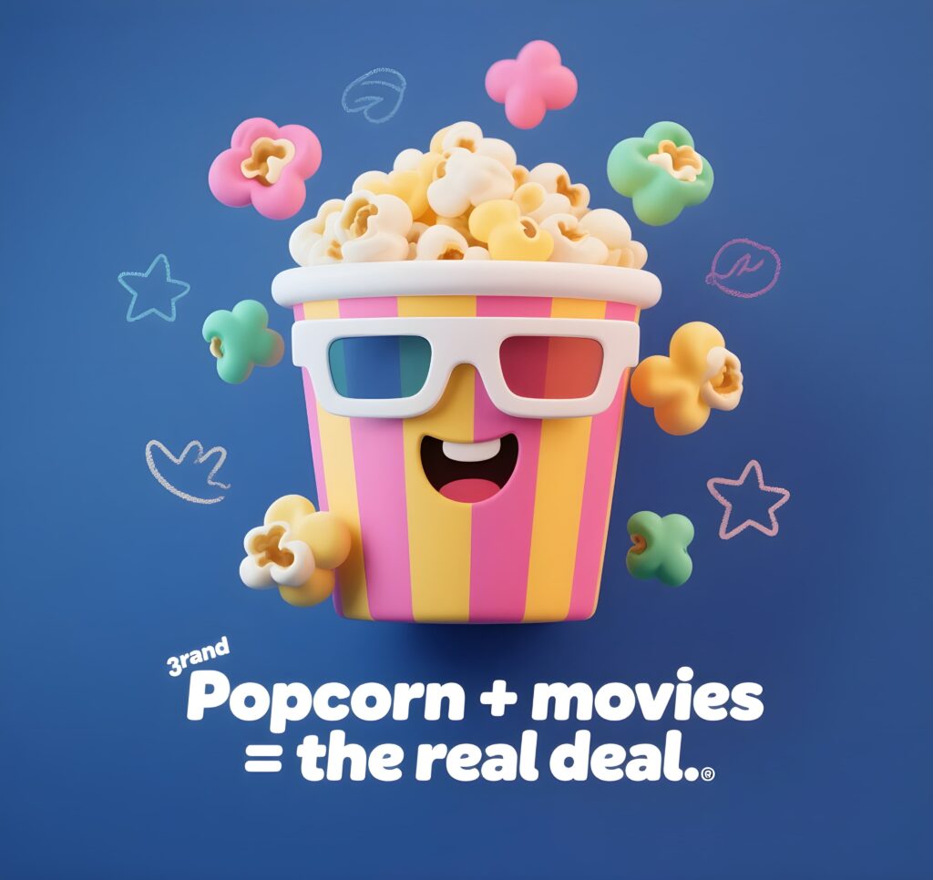 An image of popcorn next to a movie ticket, celebrating the classic combo of popcorn and films with a punny twist.
