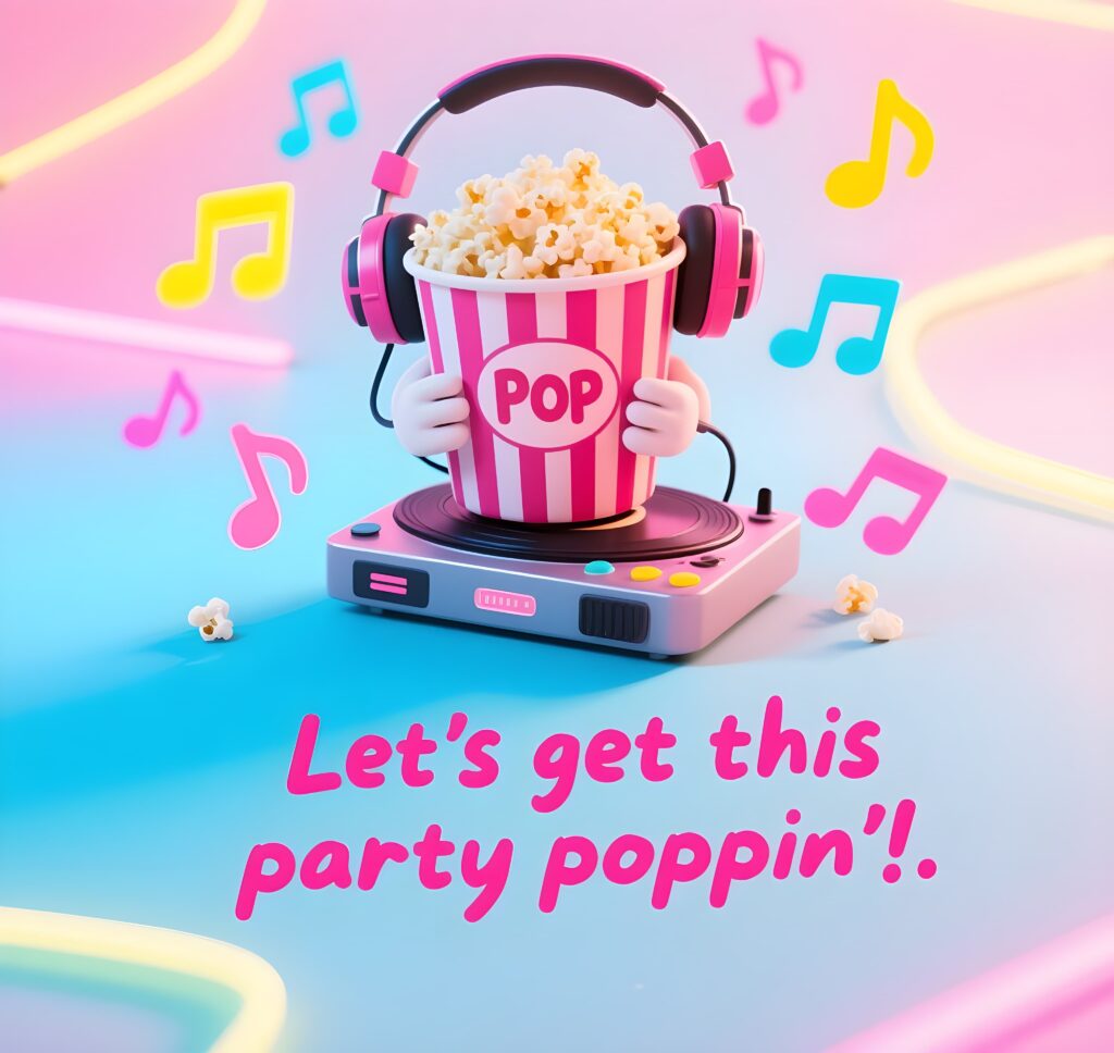 A fun-filled image of a popcorn party with colorful popcorn and festive decorations, celebrating with puns and laughter