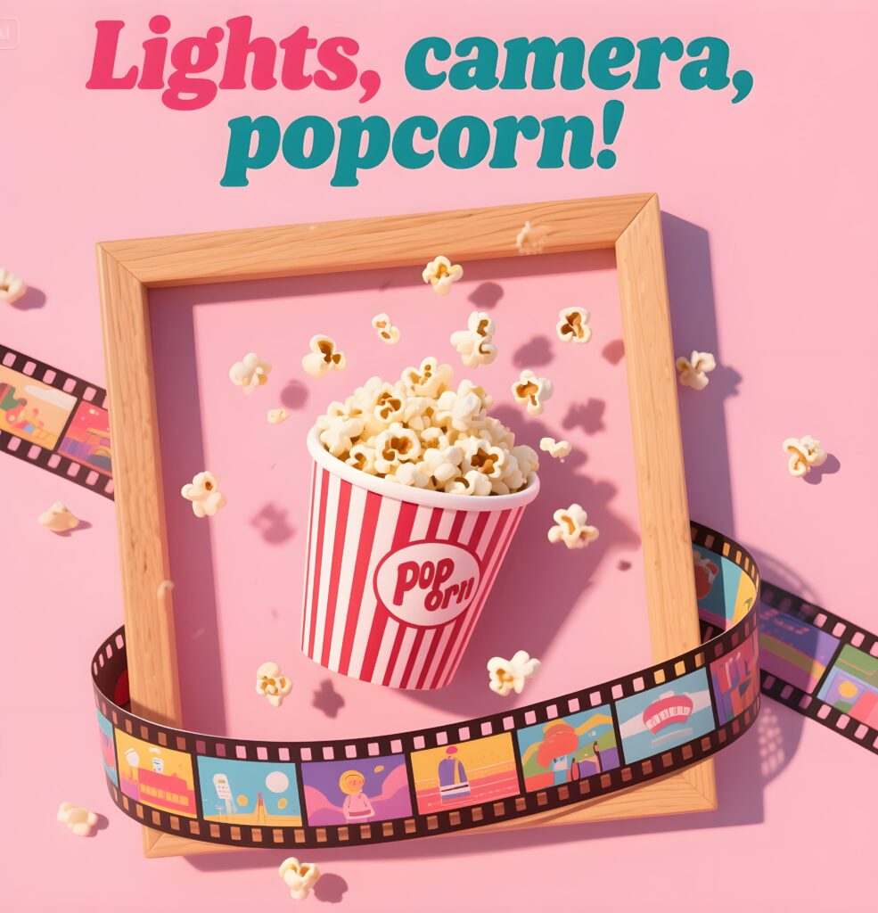 A fun movie night scene with lights, a camera, and a bowl of popcorn, perfect for pun-filled entertainment.