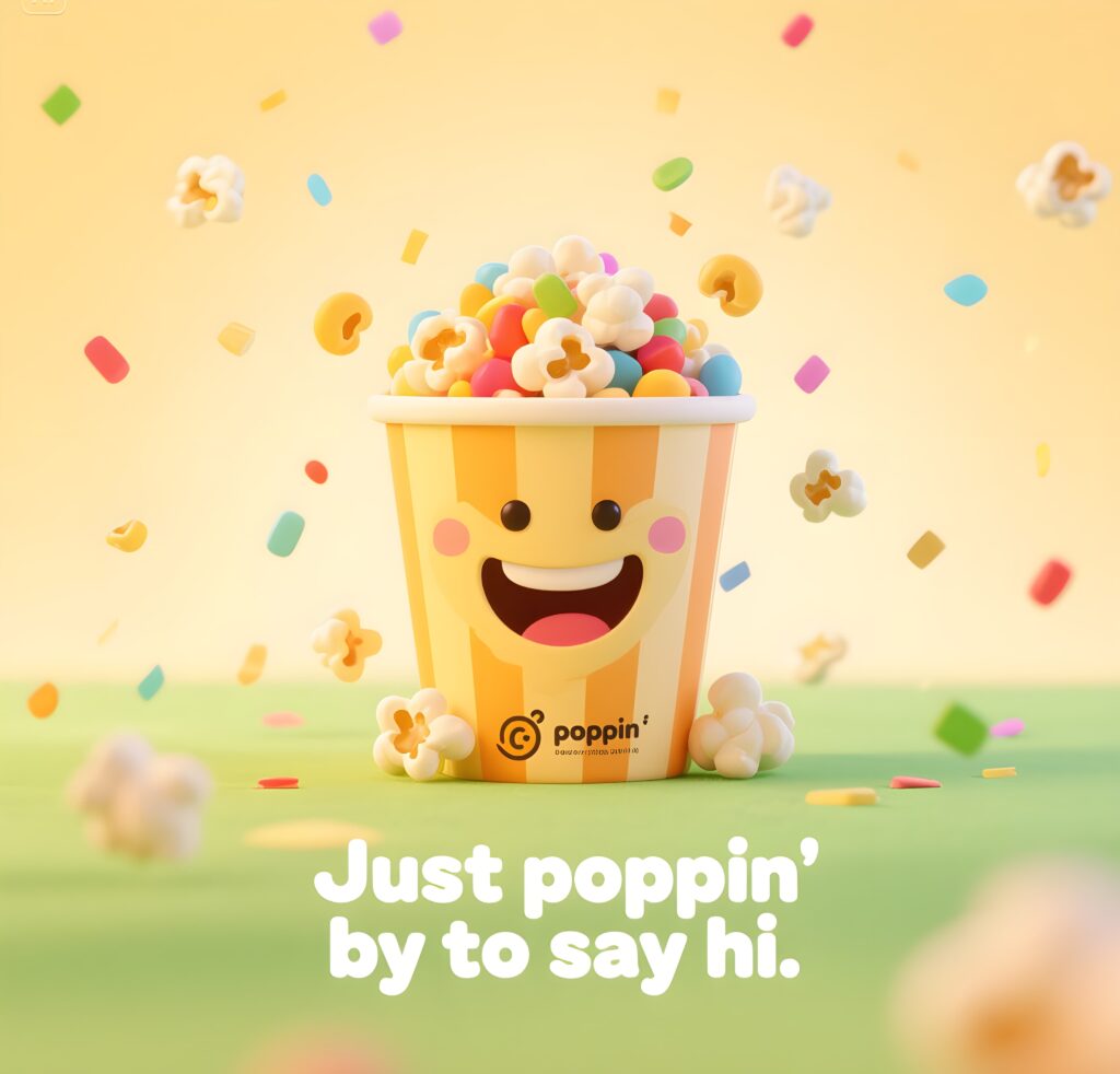 A cute popcorn figure with a speech bubble saying "just popping by to say hi," showcasing a fun pun.