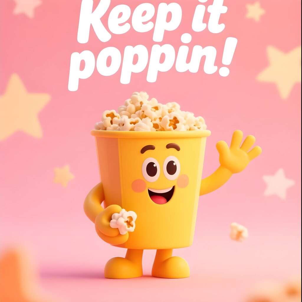 Fun screenshot featuring a popcorn pun: "Keep it pop!" with colorful popcorn imagery.