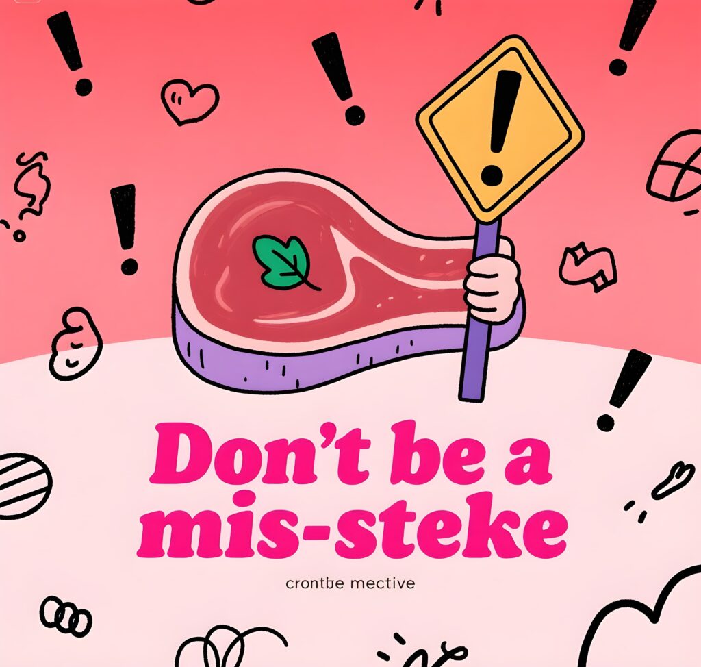 A humorous image with the phrase "Don't be a mis-steak," showcasing a fun take on steak puns.