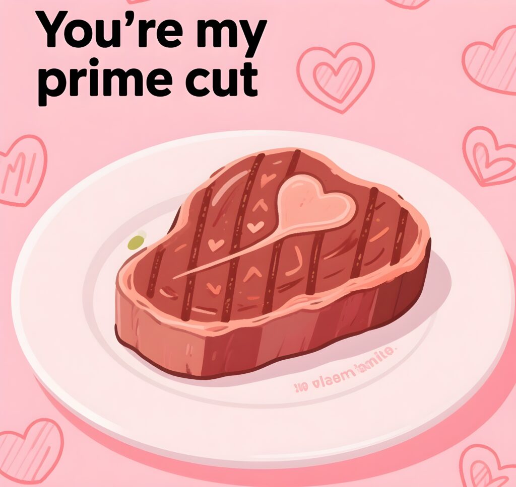 An image showcasing the phrase "You're my prime cut" alongside a cartoon steak, emphasizing a humorous take on love.