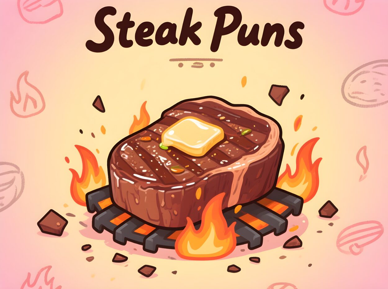 Cartoon steak on fire with playful text about steak puns, adding humor to a sizzling scene.