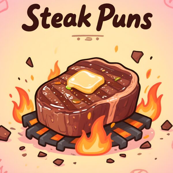 Cartoon steak on fire with playful text about steak puns, adding humor to a sizzling scene.