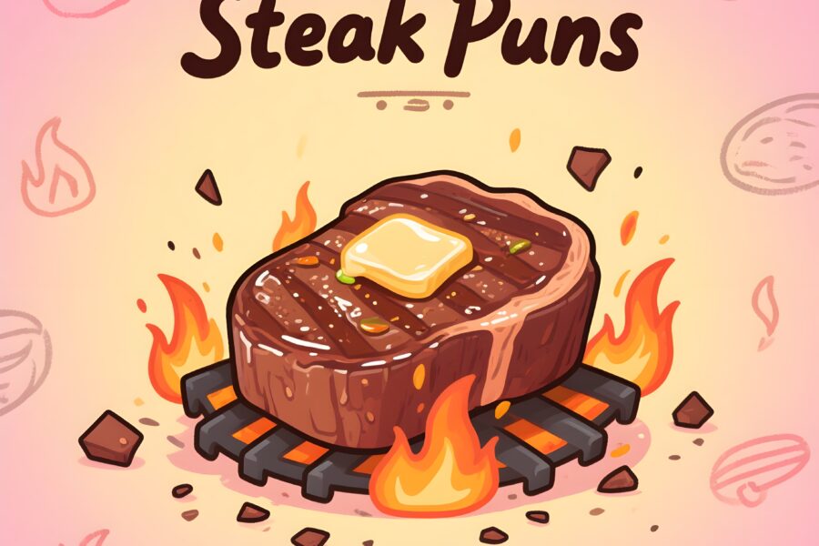Cartoon steak on fire with playful text about steak puns, adding humor to a sizzling scene.