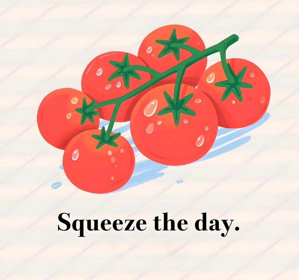 A vibrant tomato illustration with the phrase "Squeeze the Day," showcasing a fun play on words.

