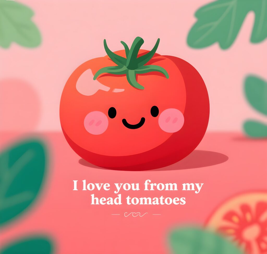 Fun text art saying "I love you from my head tomatoes," accompanied by colorful tomato images.