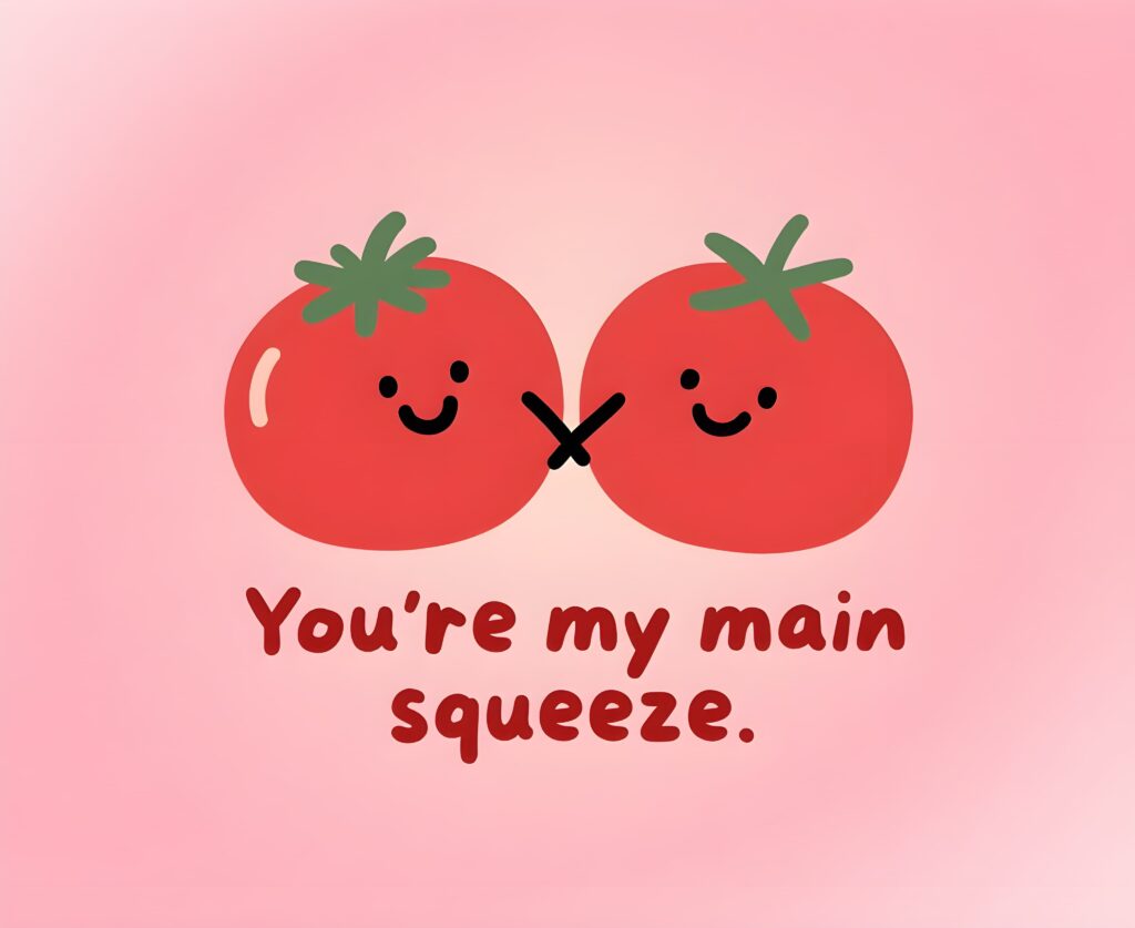 Two cartoon tomatoes with crossed arms and the text "You're my main squeeze," showcasing a playful tomato pun.
