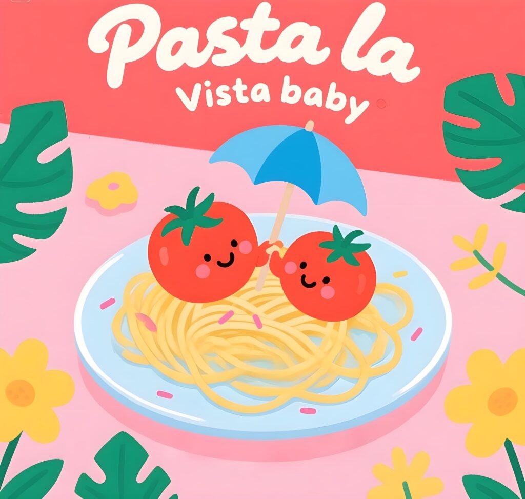 A playful pasta dish with the phrase "pasta la vista baby" written in tomato sauce, showcasing a fun food pun.
