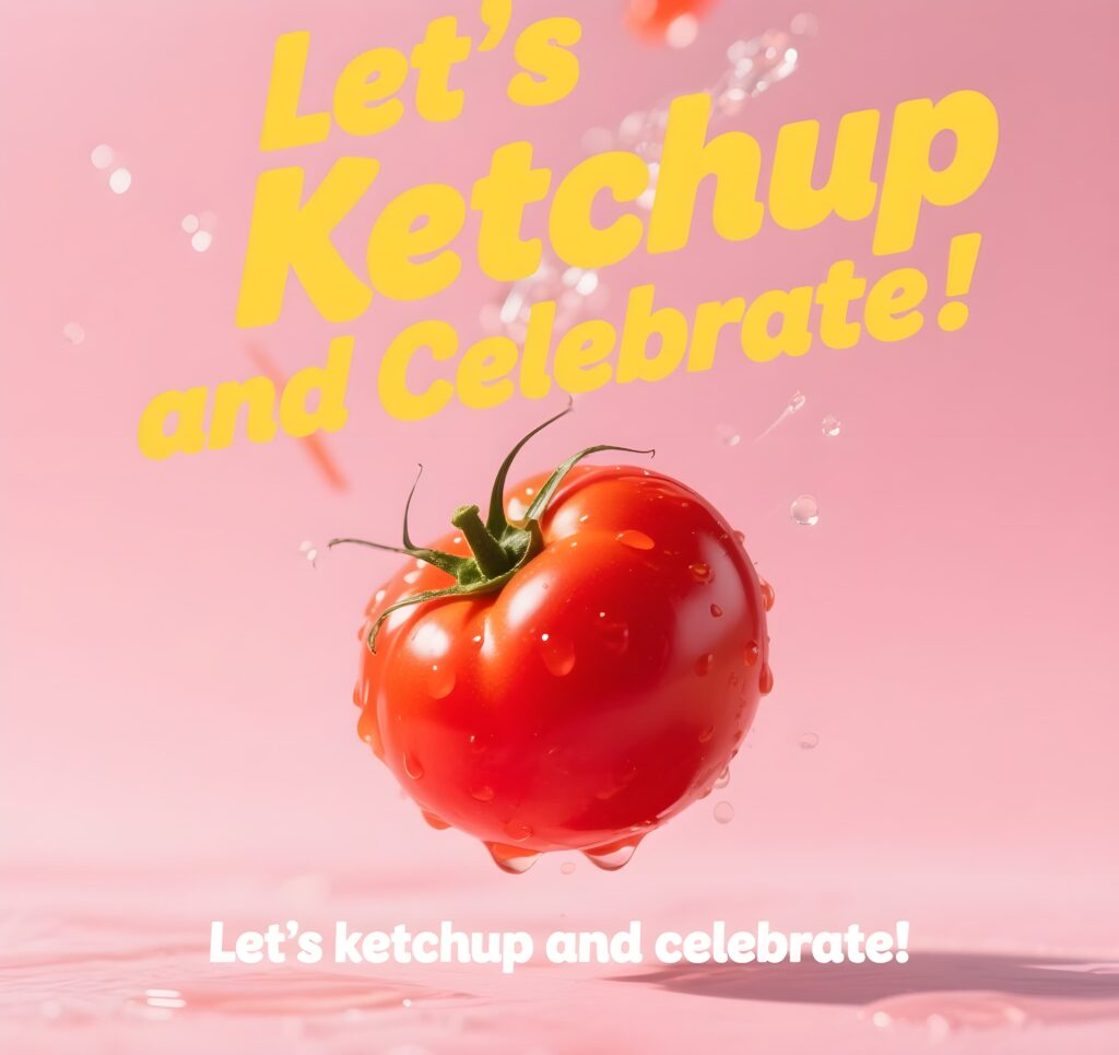 Colorful illustration of a ketchup bottle with the words "Let's ketchup and celebrate," showcasing tomato puns.

