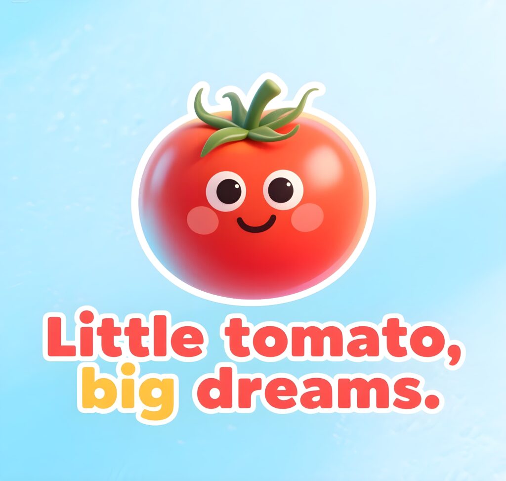 A cute little tomato with a hopeful look, representing big dreams and a fun take on tomato puns.