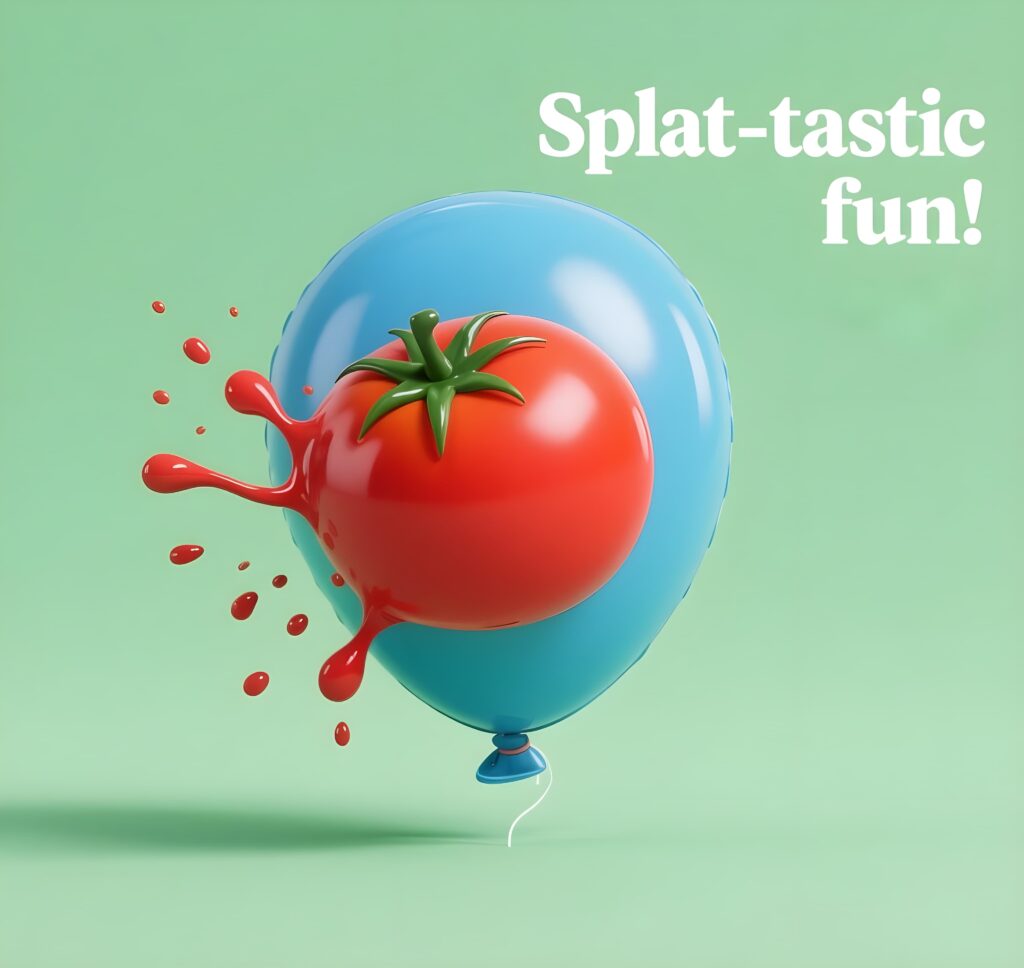 A colorful balloon with a tomato design and the words "splat - tasty fun," showcasing a fun tomato pun.
