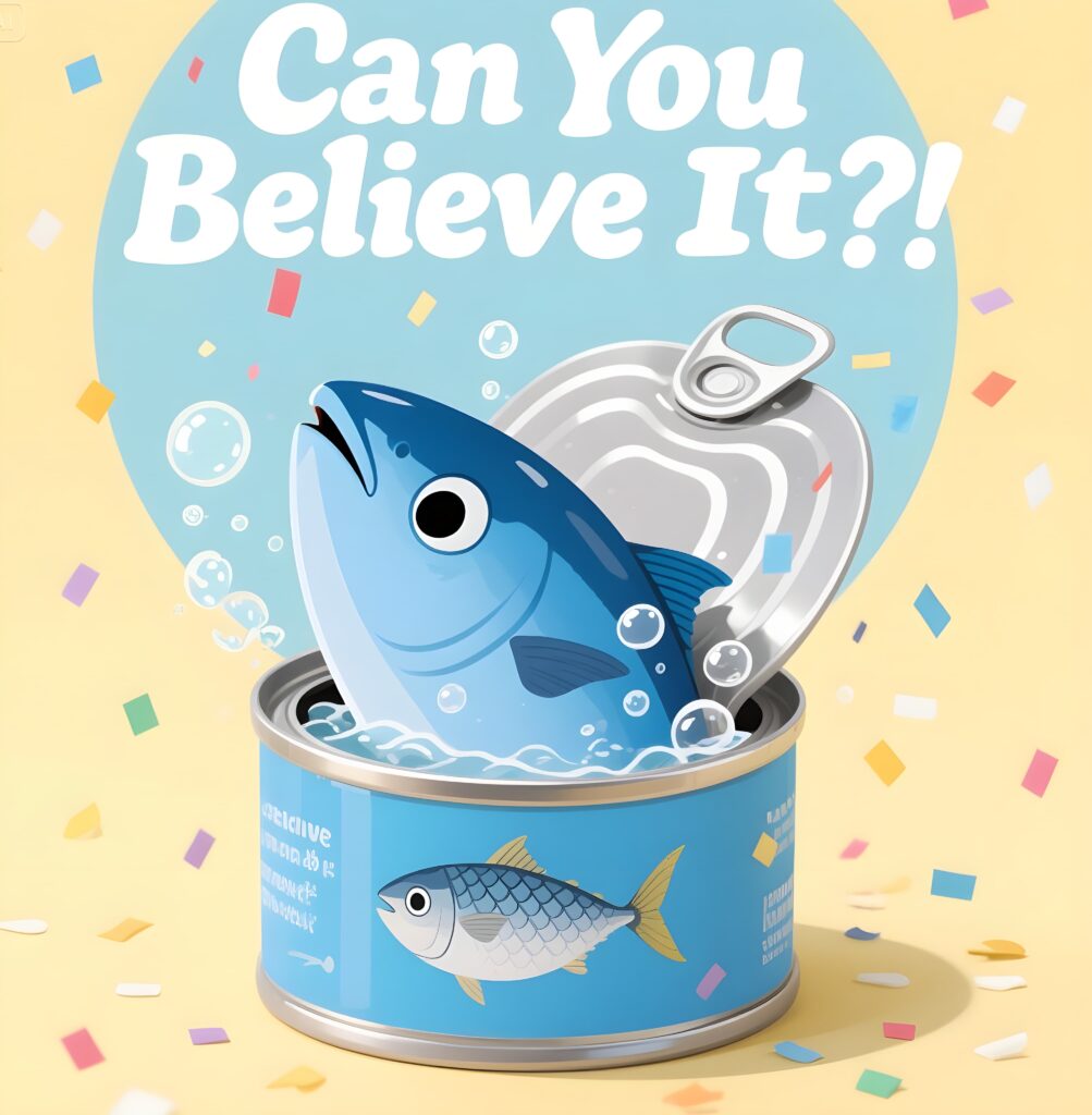 A humorous tuna-themed image with the text "Can you believe it?" highlighting a fun pun about fish.