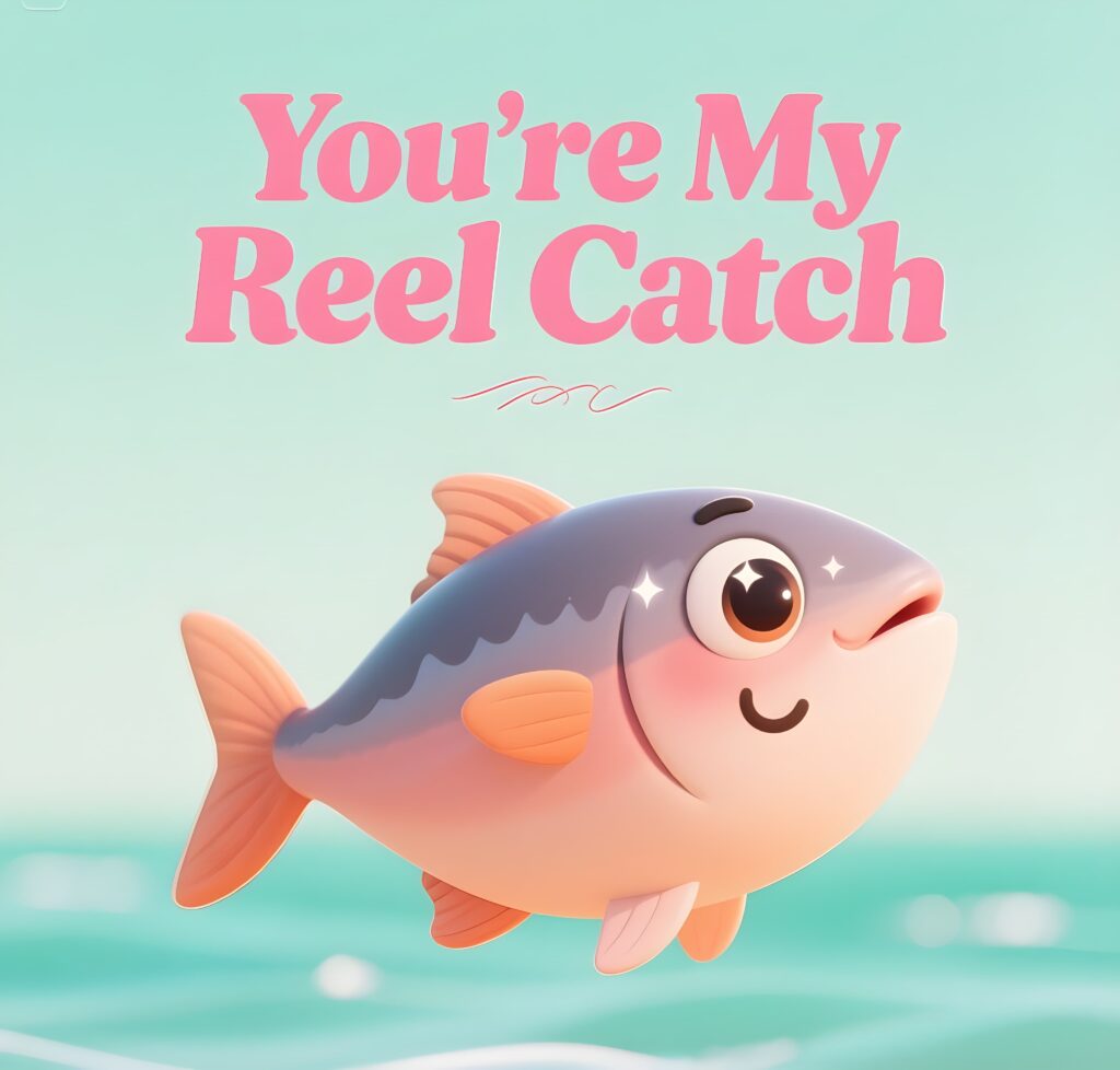 A cartoon tuna with the phrase "You're my reel catch," showcasing a lighthearted fishing pun.