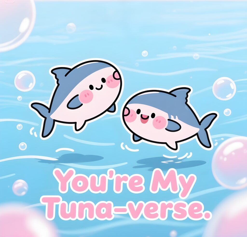 A colorful graphic of a tuna with a cheerful expression, accompanied by the phrase "You're my tuna-verse," emphasizing a fun pun.