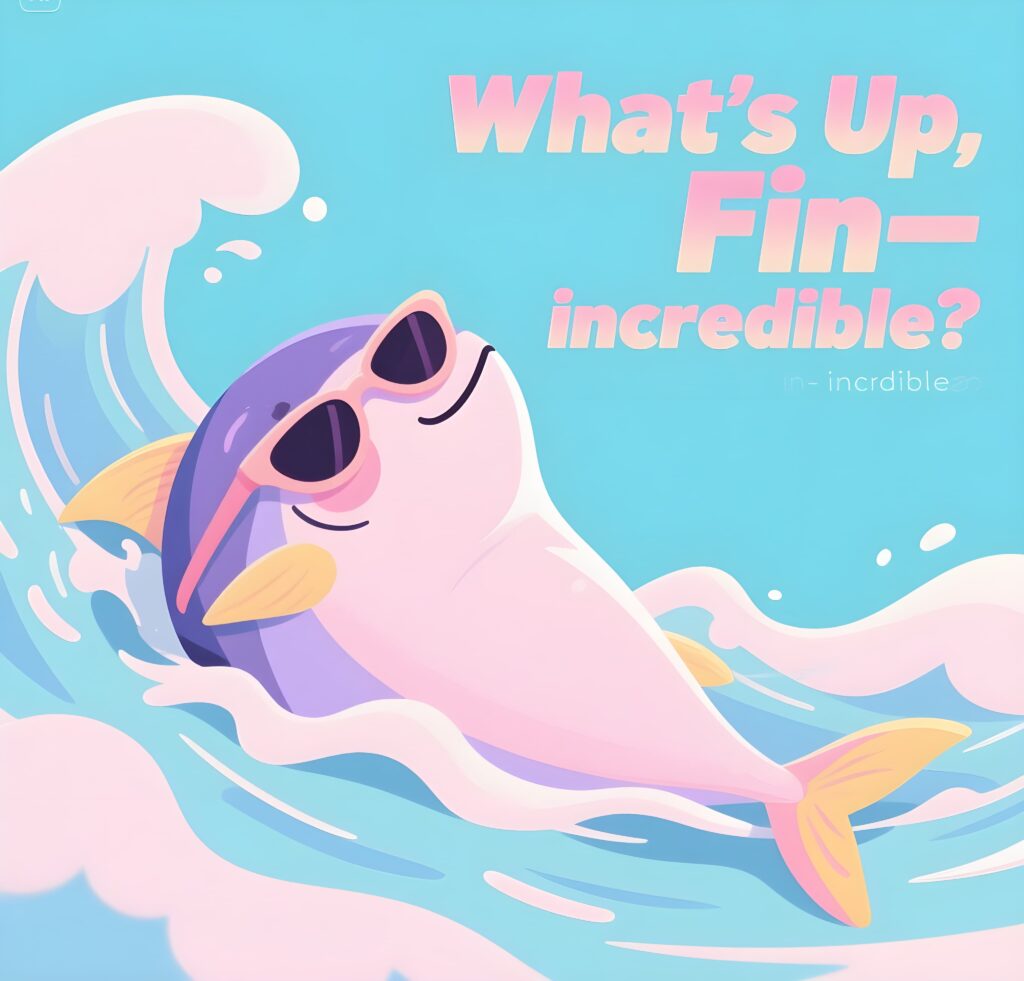 Cartoon tuna with a playful expression, saying "What's up fin-incredible?" in a speech bubble, featuring tuna puns.