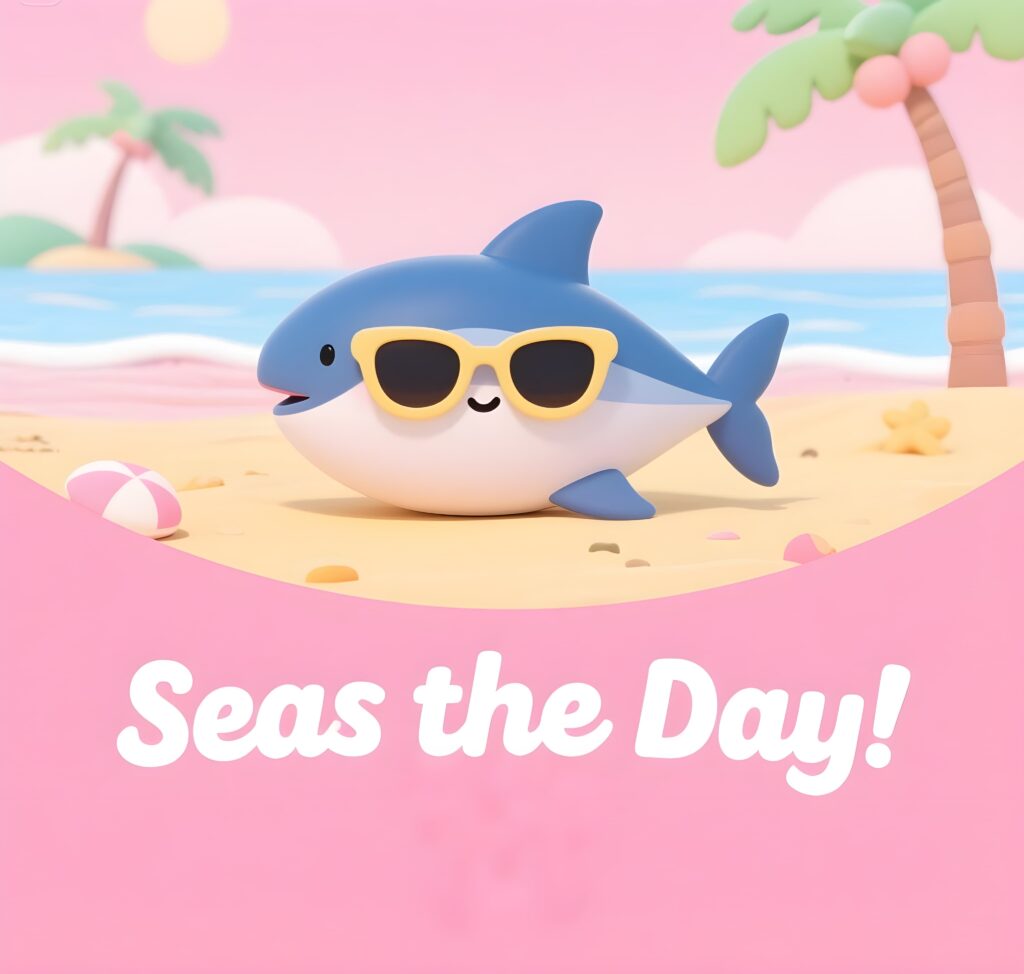A cool shark wearing sunglasses on the beach, featuring the playful phrase "seas the day" with a tuna pun vibe.