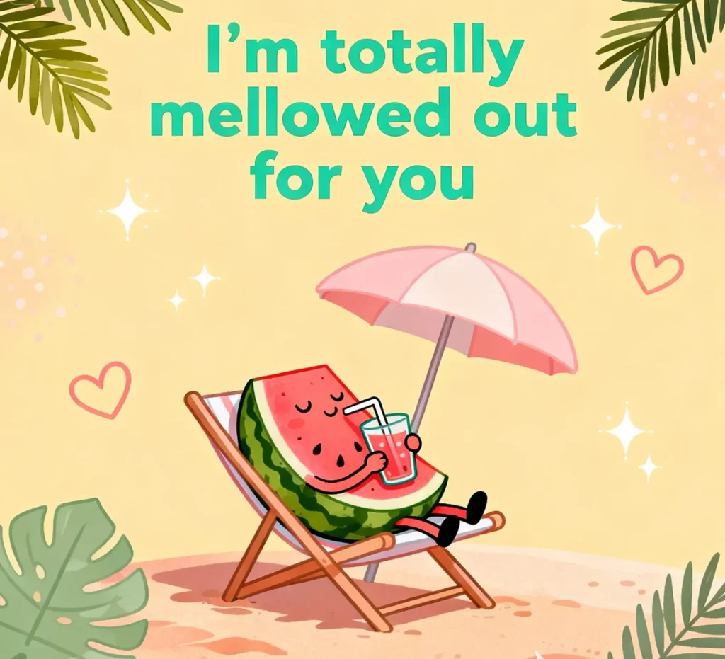 Relaxed watermelon smiling with a chill vibe showing mellow fun and silly watermelon puns