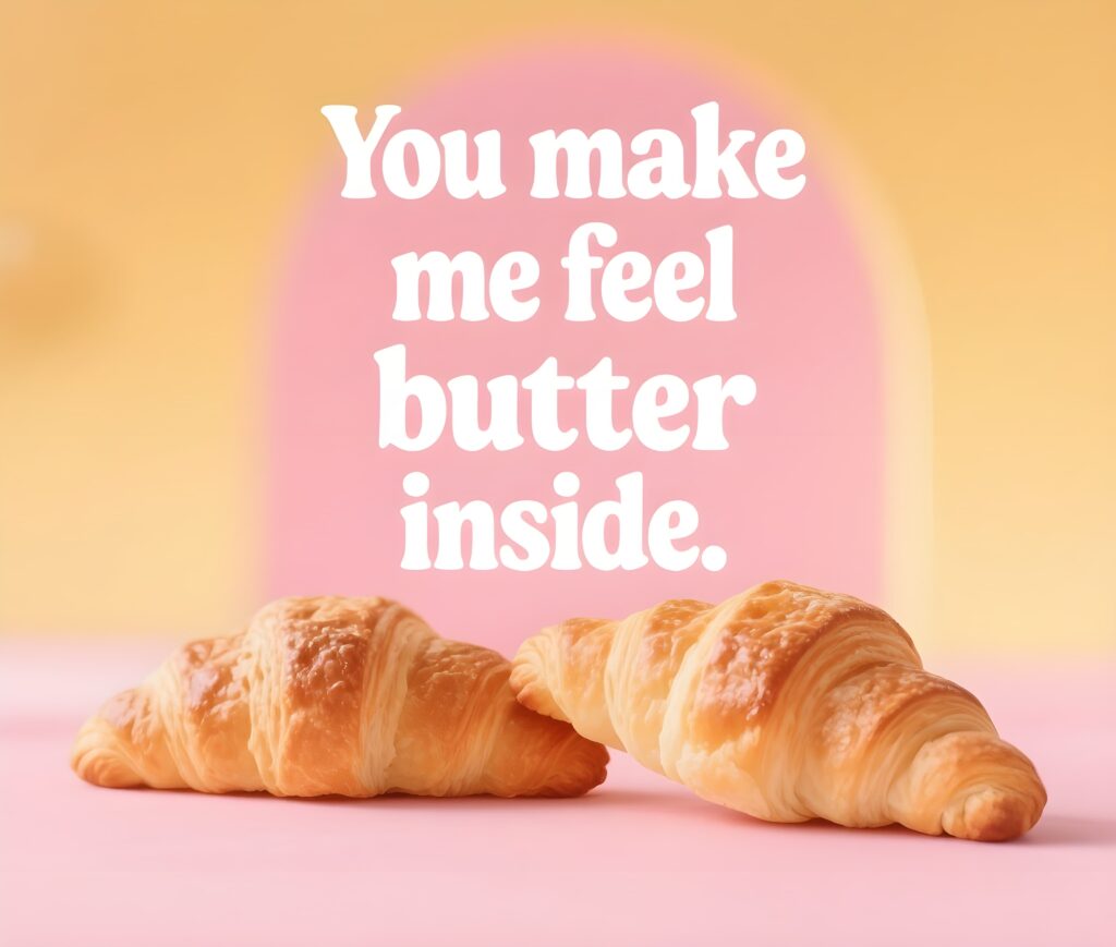 A playful croissant pun saying "you make me butter inside," featuring a cute croissant illustration.