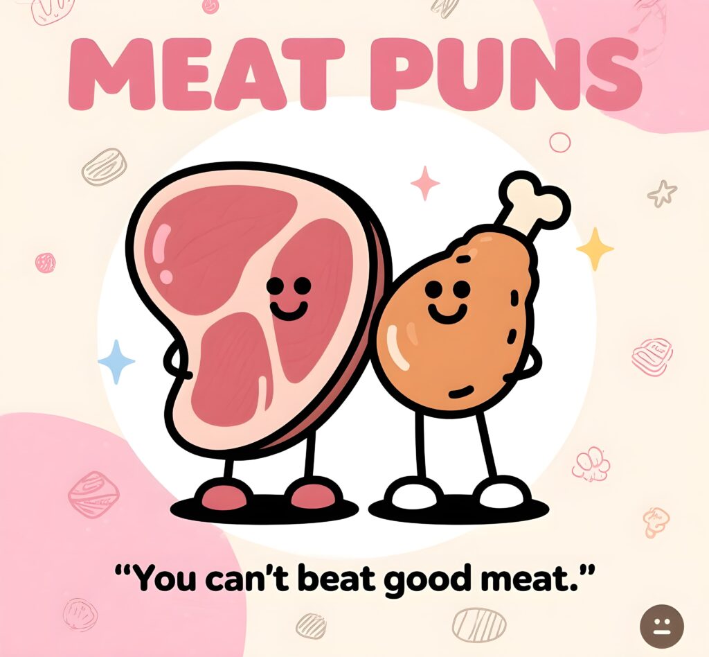 Two cartoon characters smiling with the text "meat puns" above them, showcasing a playful take on meat-related humor.