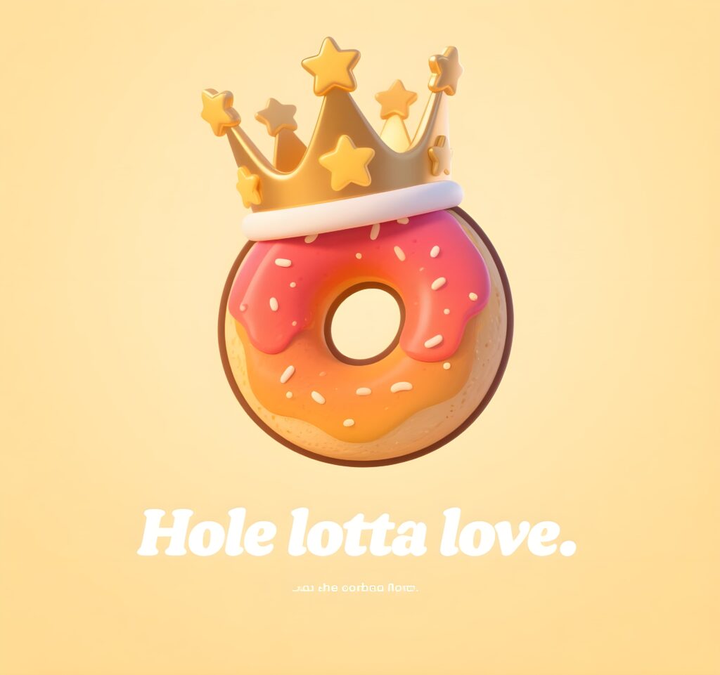 A donut topped with a crown and the words "hole lotta love," highlighting a clever bagel pun.