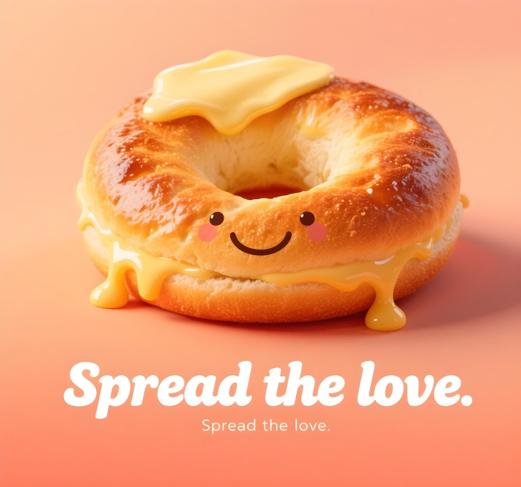 A playful graphic featuring the phrase "spread the love" with bagel-themed puns in a fun, colorful design.