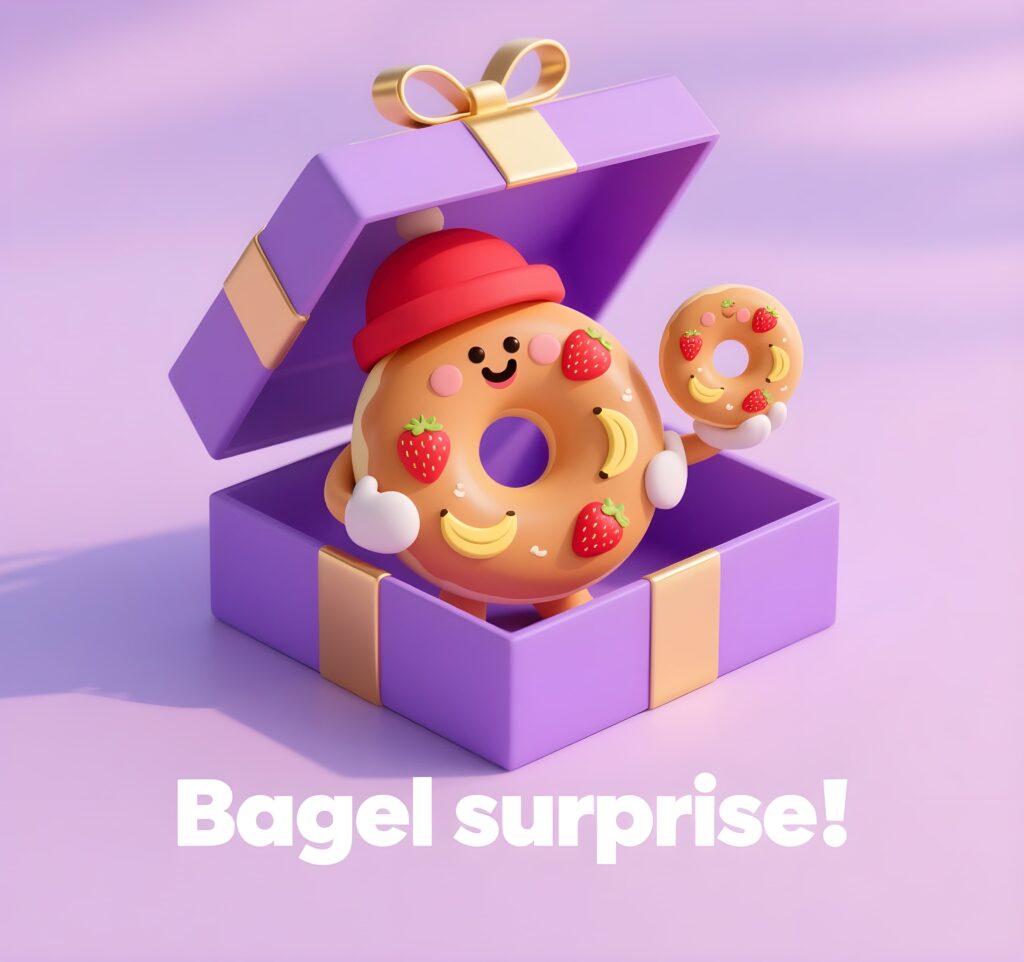 A playful bagel character exuding warm, hole-some vibes with a punny twist.