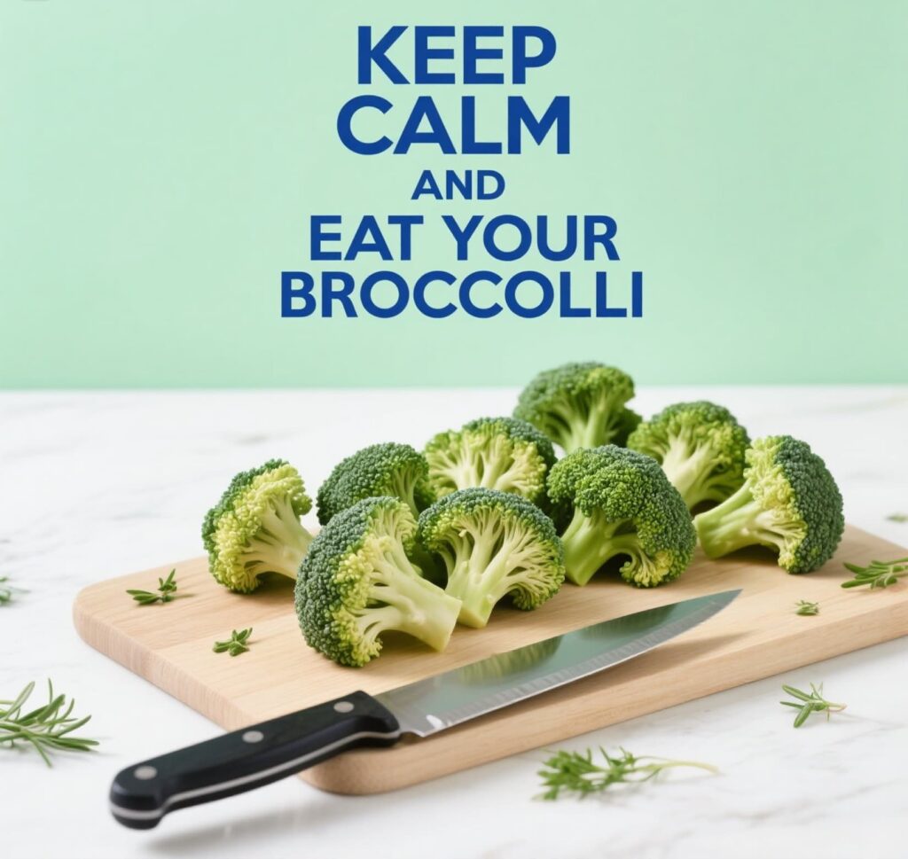 Fun design with the text "Keep calm and eat your broccoli" alongside a smiling broccoli illustration.
