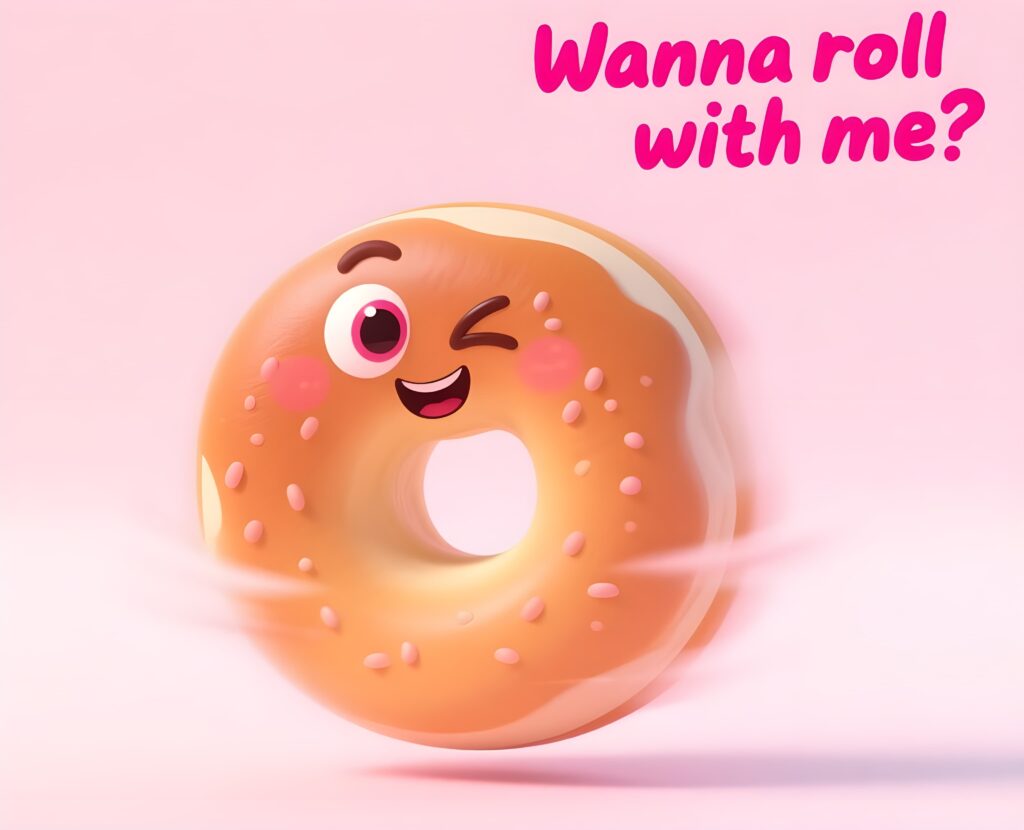A playful donut featuring the phrase "wanna roll with me?" highlighting a fun bagel pun.