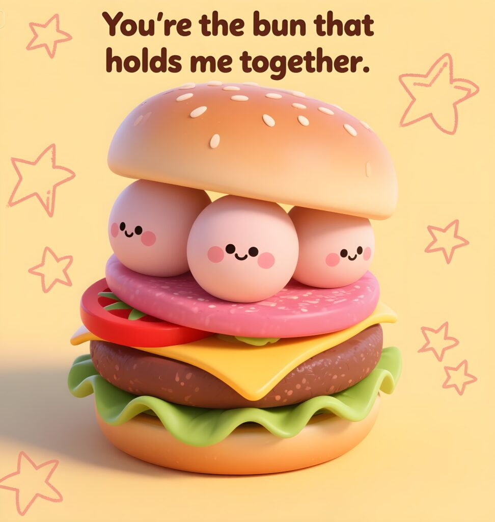 Image of fries accompanied by the phrase "I only have fries for you," showcasing a humorous burger-themed pun.