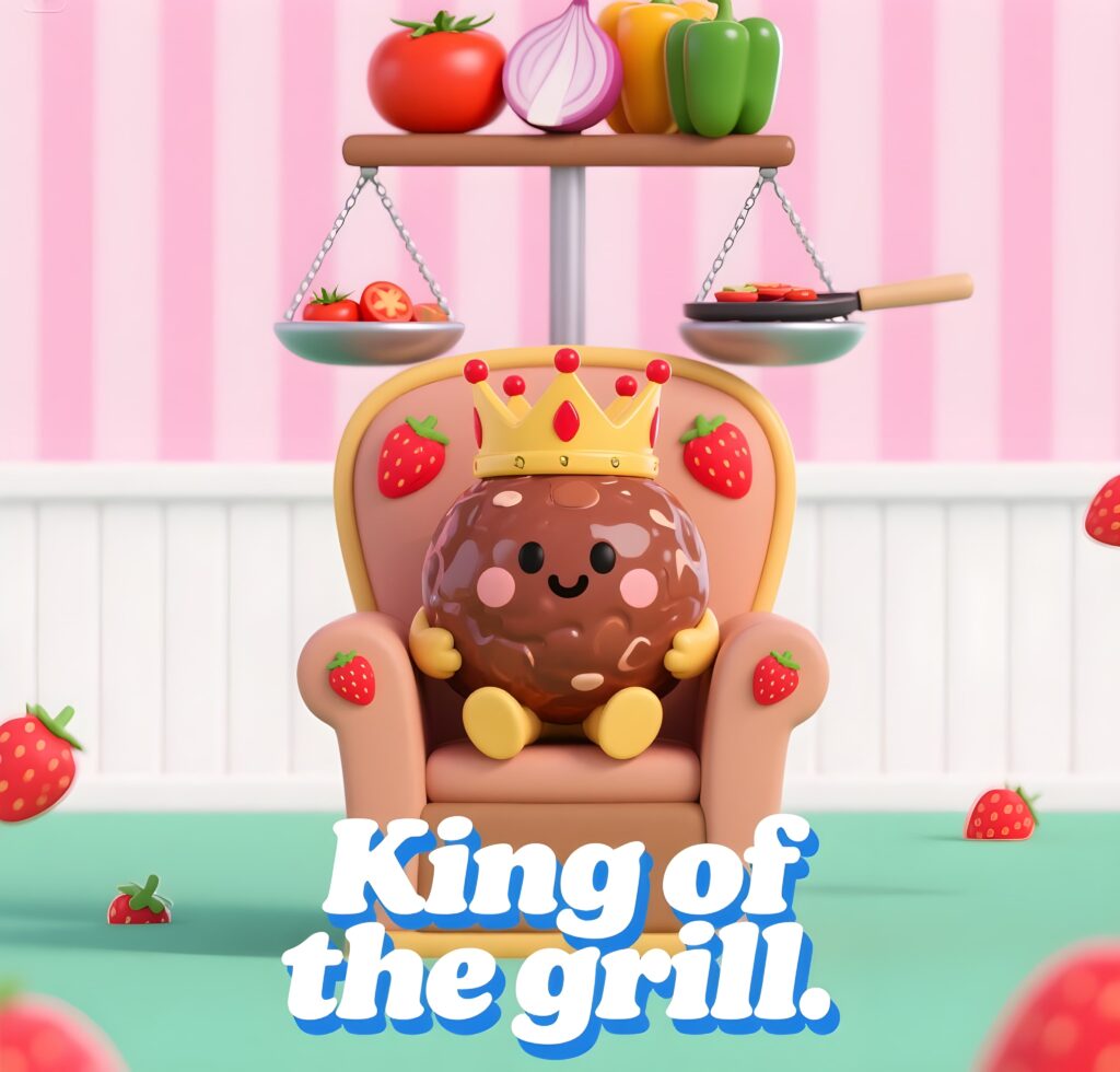 A cartoon character sits on a chair surrounded by strawberries, ready for some fun meat puns.
