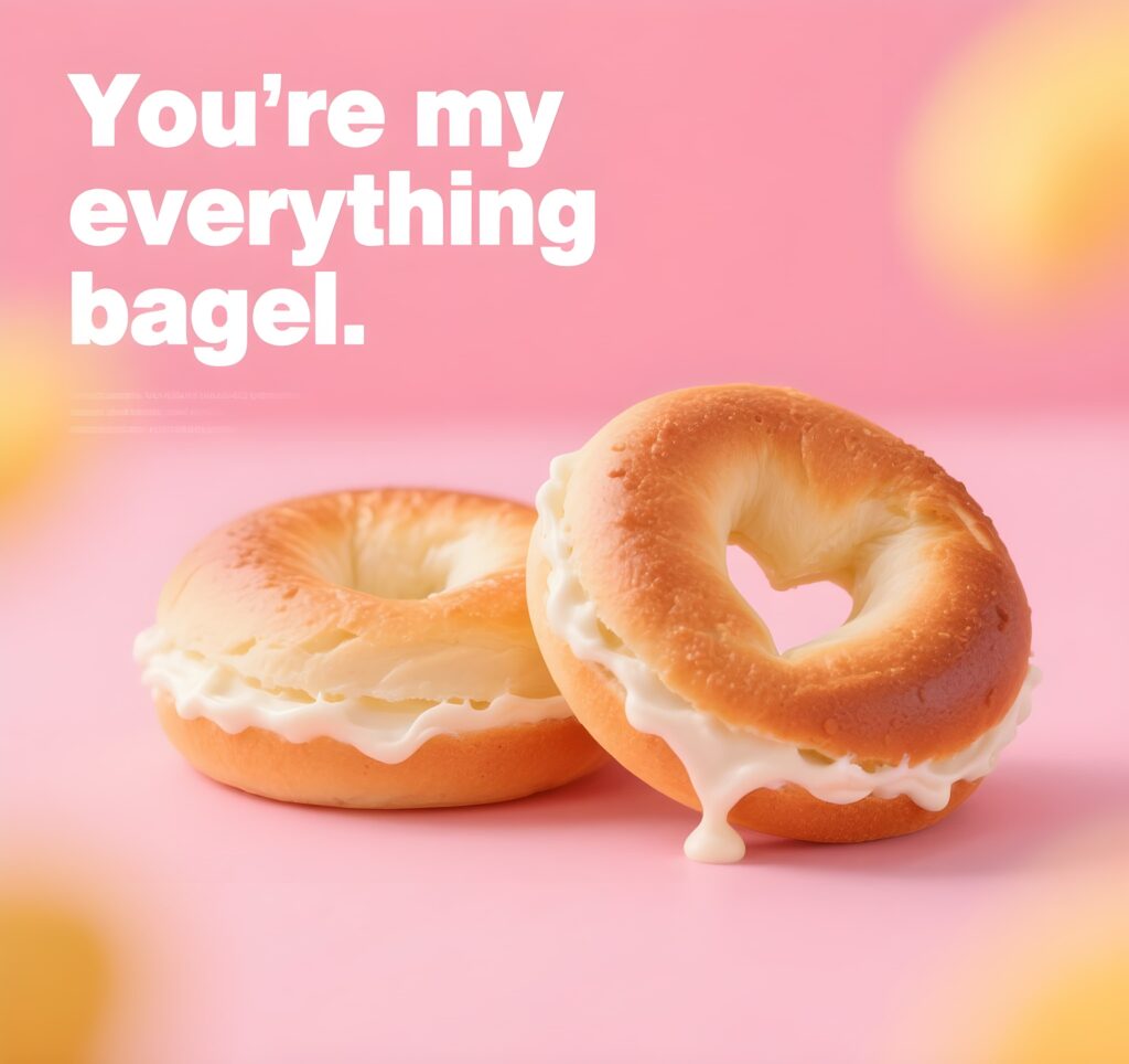 A whimsical bagel graphic with the phrase "You're my everything bagel," showcasing clever bagel puns and cheerful design.