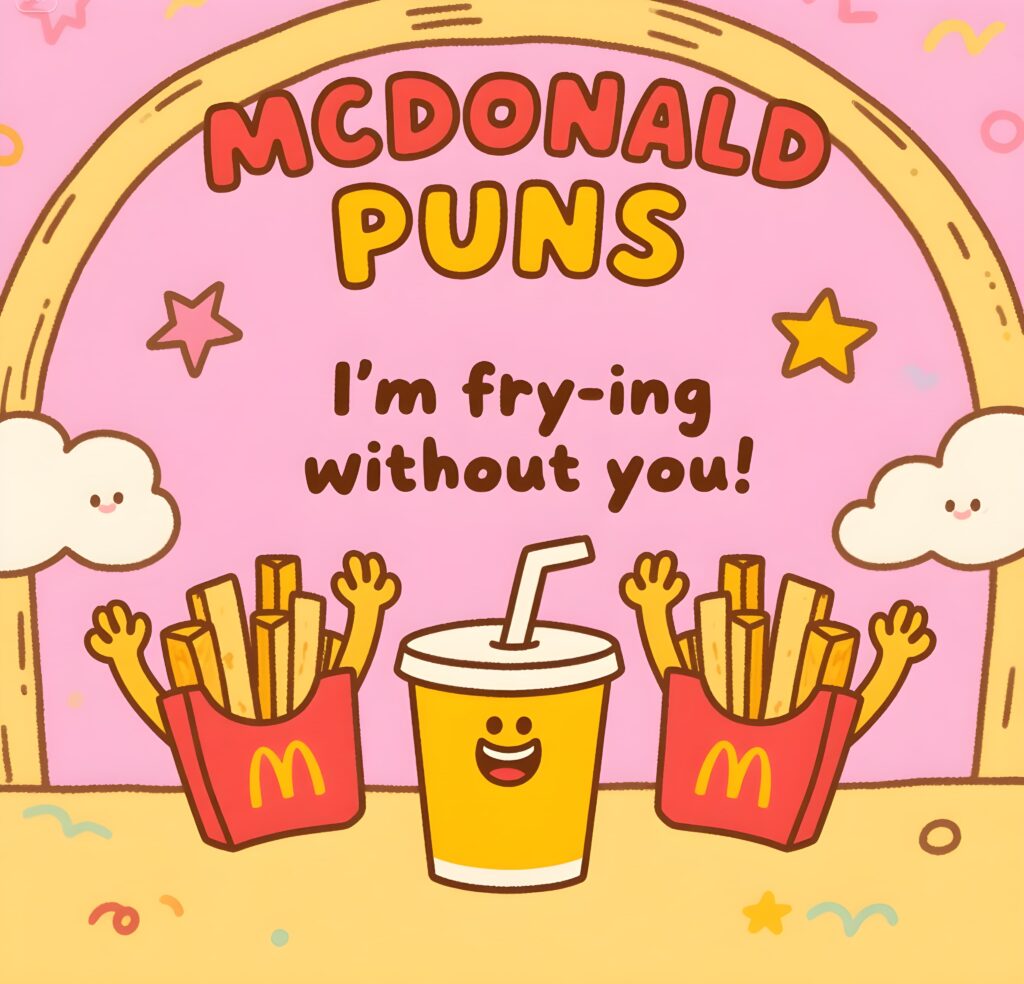 A playful collection of McDonald's-themed burger puns displayed in colorful text on a bright background.