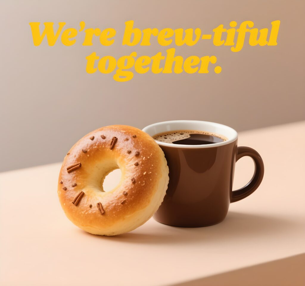 Ad featuring a coffee cup and a doughnut, playfully incorporating bagel puns for a fun, tasty promotion.