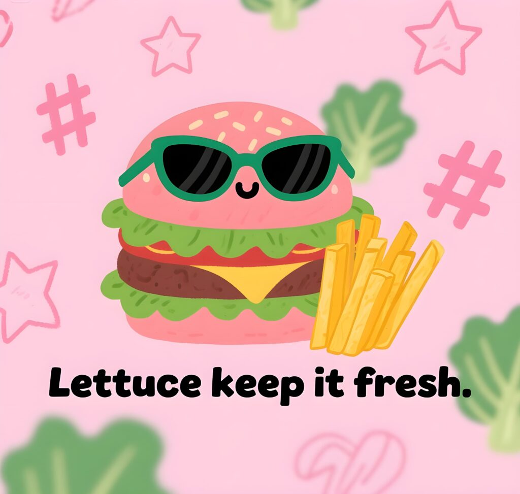 A fun image showcasing the pun "lettuce keep it fresh" alongside a fresh lettuce illustration, perfect for burger lovers.