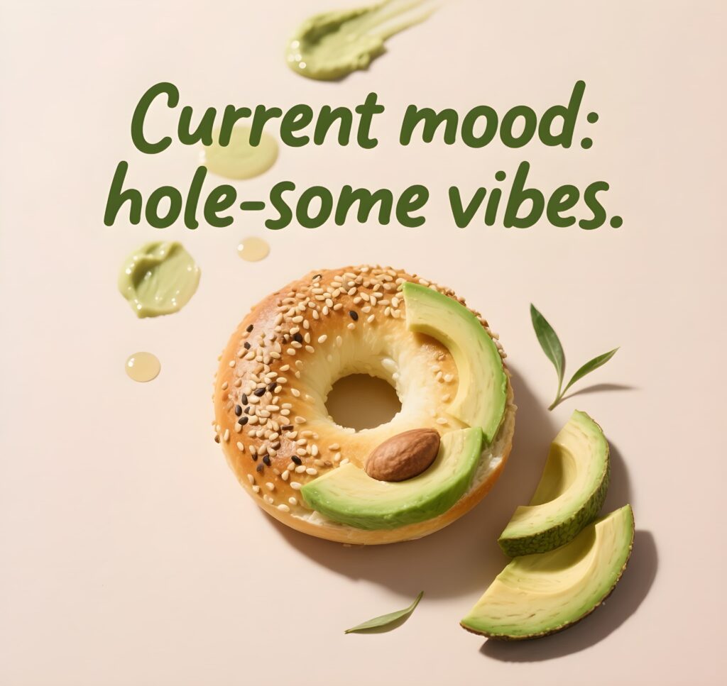 Cheerful bagel with a smile, radiating cozy vibes and puns about being hole-some.