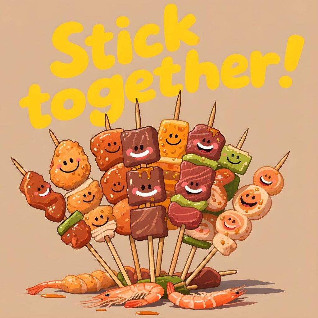 Cute illustration titled "Stick Together" featuring BBQ puns with playful characters and vibrant colors.