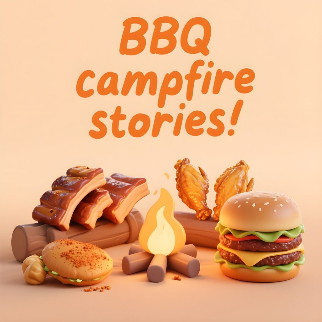 A vibrant 3D scene depicting a campfire gathering where friends share BBQ puns and stories under a starlit sky.