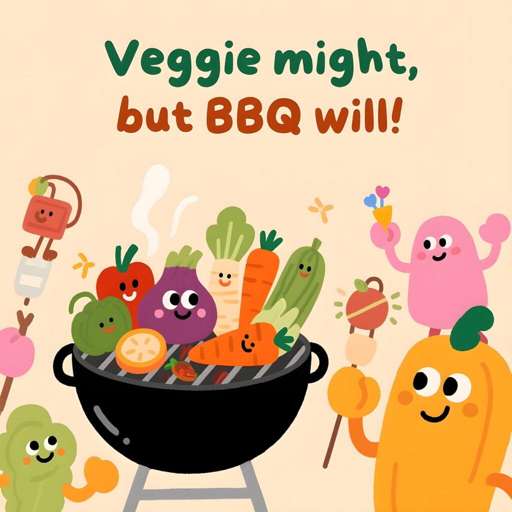 A humorous graphic contrasting healthy vegetables with delicious BBQ, highlighting the fun of BBQ puns.