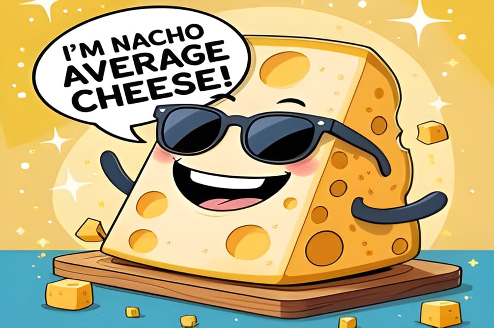 A playful cheese pun featuring the phrase "nacho average cheese" with a colorful background and fun typography.