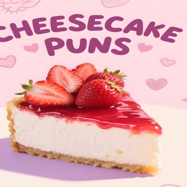 A playful illustration of strawberry cheesecake with fun puns about cheese, adding humor to dessert time.