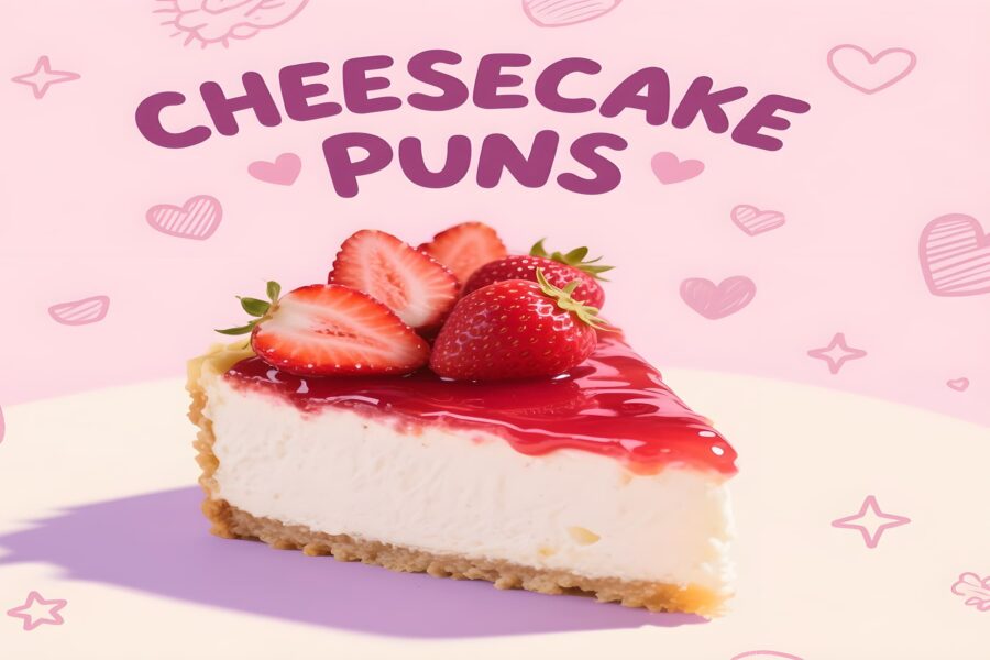 A playful illustration of strawberry cheesecake with fun puns about cheese, adding humor to dessert time.
