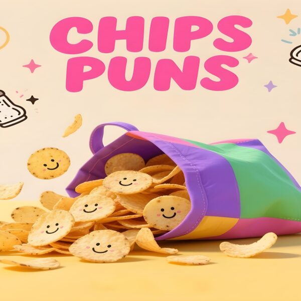 A playful graphic featuring various puns related to chips, illustrated in a colorful and engaging design.